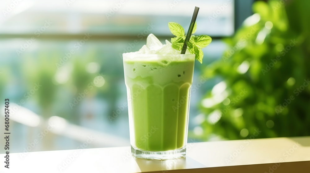 Closeup of iced matcha latte in a stylish glass on sunny background in front of the window in a cafe. Generative AI