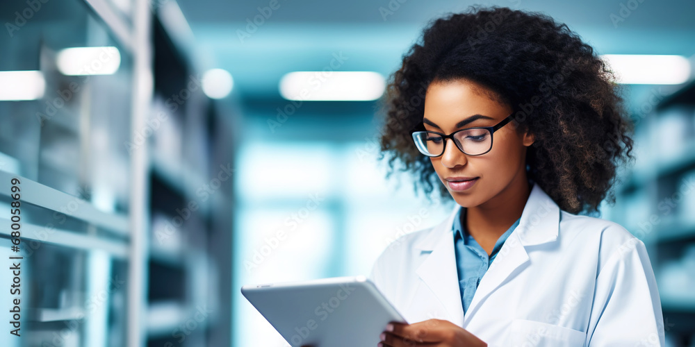 Medical hospital portrait: Confident female medical doctor using tablet . Healthcare concept. Generative AI