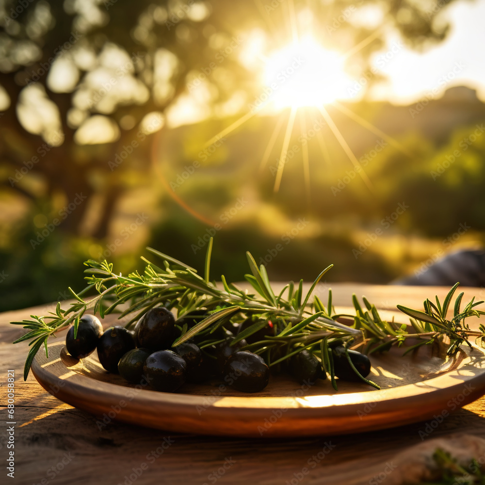 Closeup of organic ripe olives with herbs on a wooden plate in the garden at sunset. Generative AI