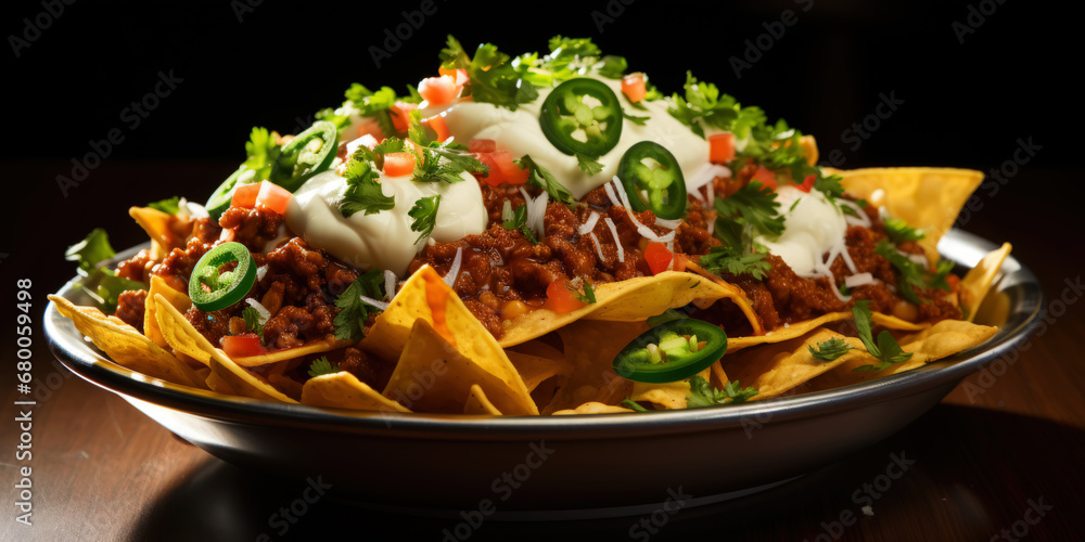 Close up view of nacho tortilla with cream sauce, pepper, spices. Generative AI