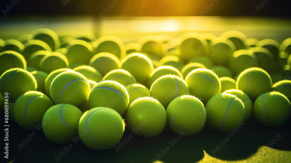 Closeup of a plenty of tennis balls on an empty tennis court, the sunshine. Sports lifestyle concept. Generative AI