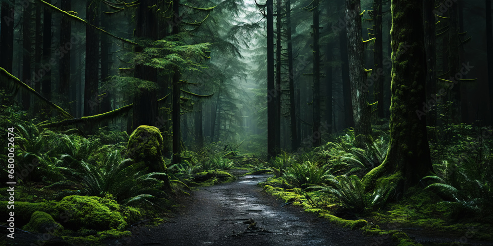 Misty road in fir forest. Minimalistic scenery. Generative AI