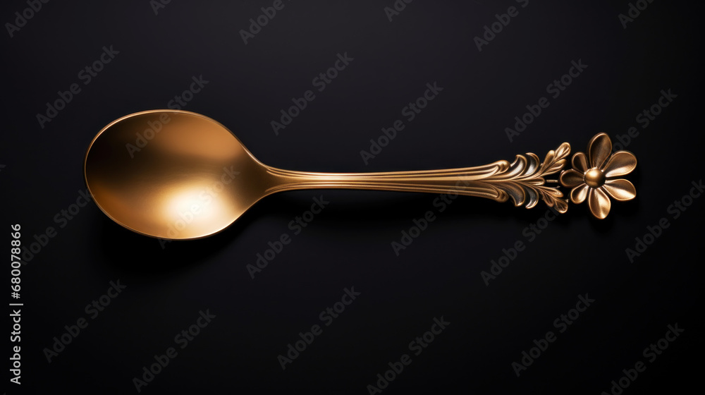 Vintage golden spoon on dark background. Top view. Generative AI