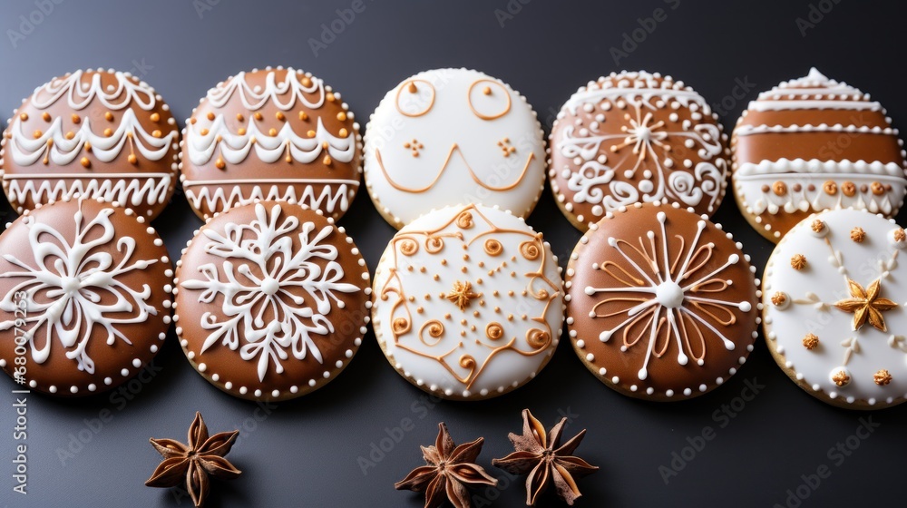 Delicious handmade Christmas cookies with festive glazed decoration. Top view. Generative AI