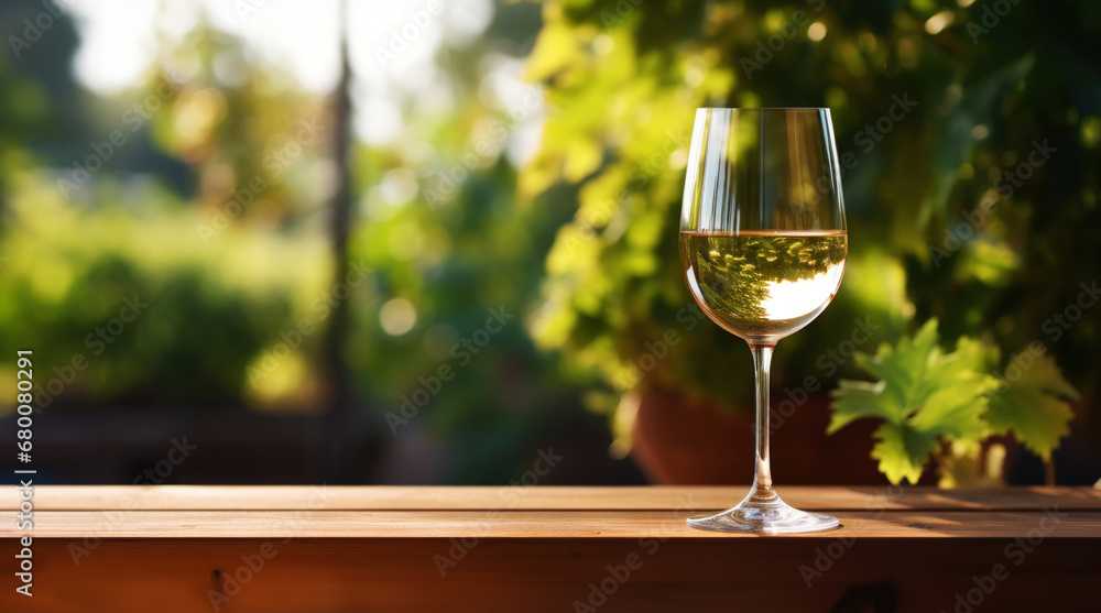 Elegant glass of white wine on blurres background with wine grapes in winery. Young wine. Generative AI