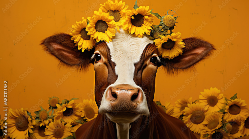 funny Cow with Sunflower