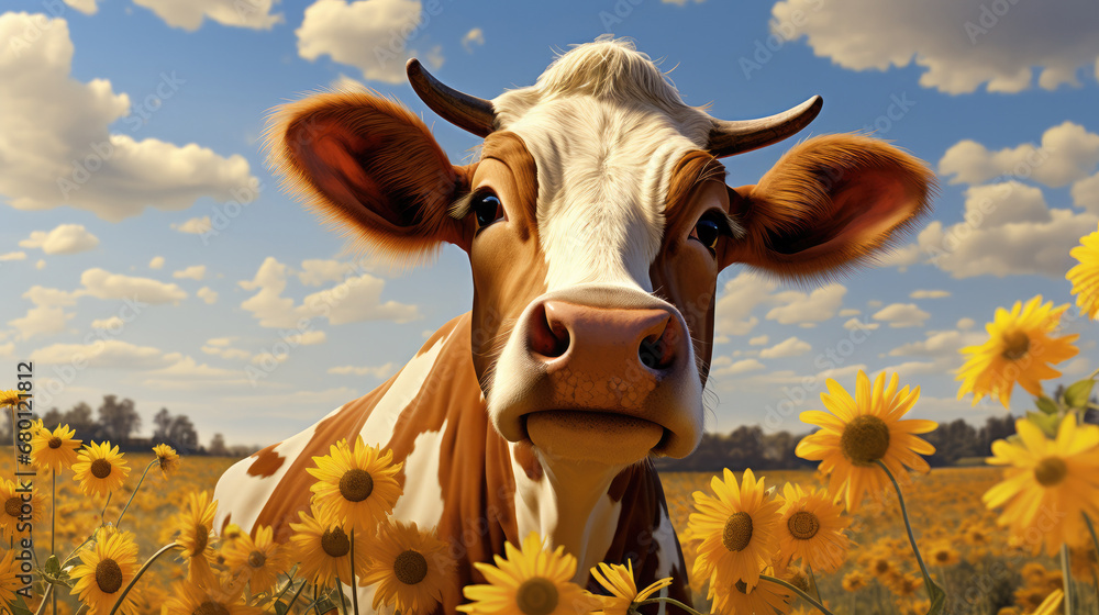 funny Cow with Sunflower