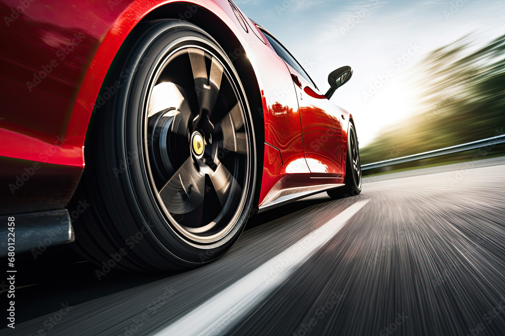 car driving on the road, Close-up of wheel of fast sports car on highway, high speed auto in motion blur,Close-up photos wheel sport