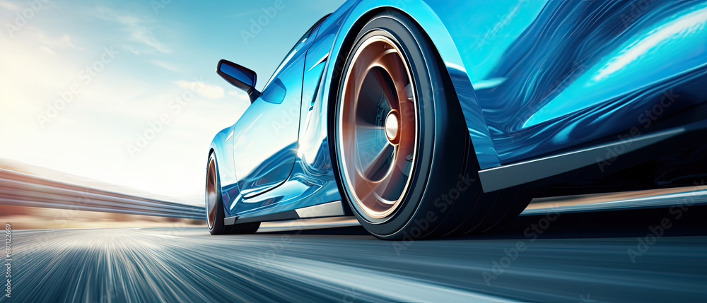 car driving on the road, Close-up of wheel of fast sports car on highway, high speed auto in motion blur,Close-up photos wheel sport