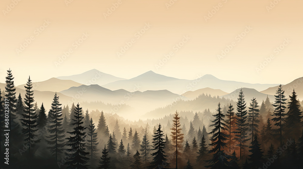 fog in the mountains, misty morning in the mountains, Boho Chic Pines Forest Mountains Landscape,vector illustration