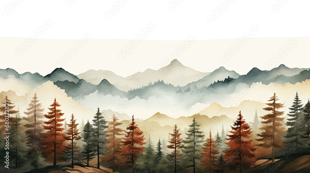 fog in the mountains, misty morning in the mountains, Boho Chic Pines Forest Mountains Landscape,vector illustration