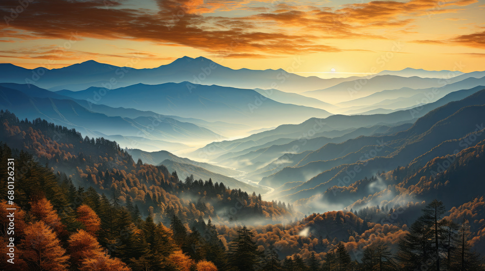 sunset in river the mountains, smoky mountains with forest  and clouds, mountains fog. nature  Vector illustration