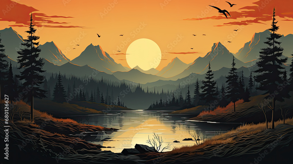 sunset in river the mountains, smoky mountains with forest  and clouds, mountains fog. nature  Vector illustration