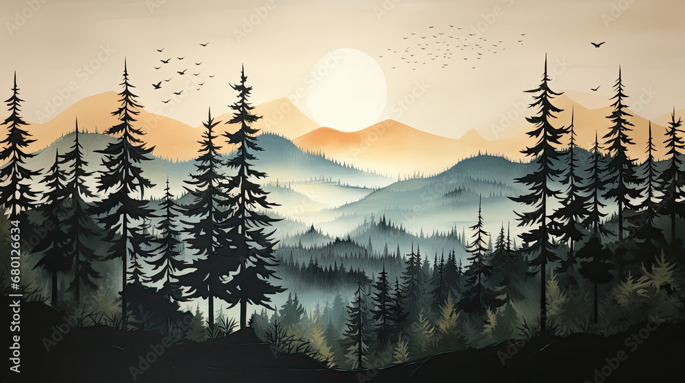 sunset in river the mountains, smoky mountains with forest  and clouds, mountains fog. nature  Vector illustration