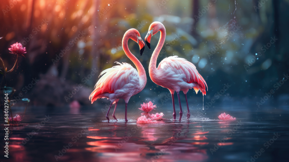 pink flamingos in the water, Cute Flamingos Birds