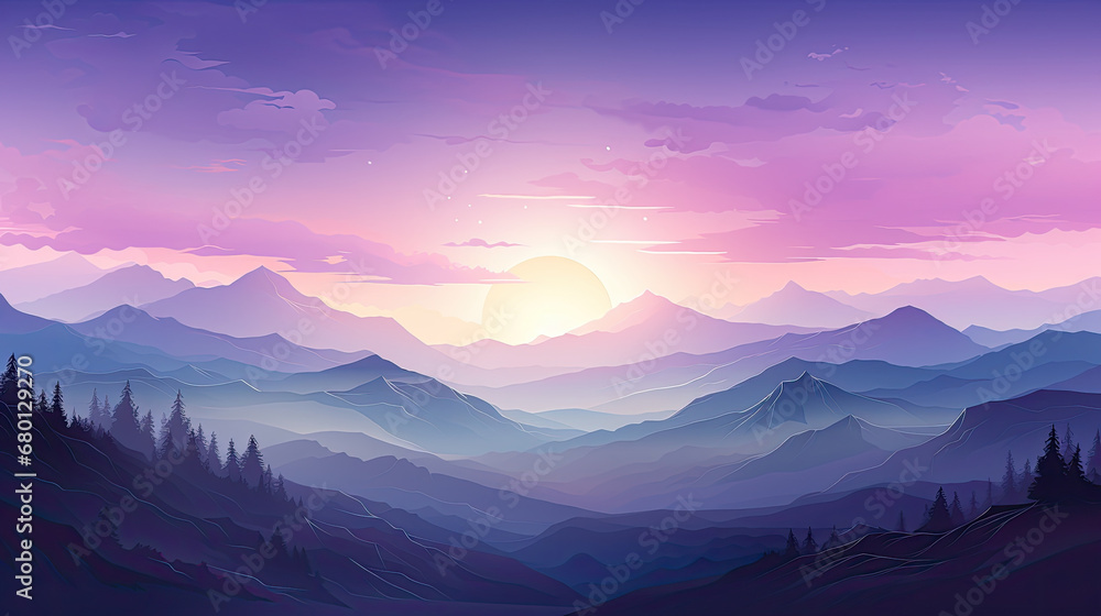 purple mountain landscape with fog and forest. Sunrise and sunset in mountains., vector illustration