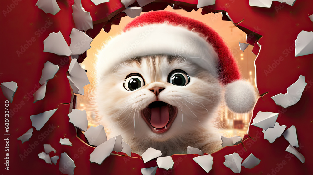 White kitten with santa hat peeking out through red hole in background, kitten with a gift box