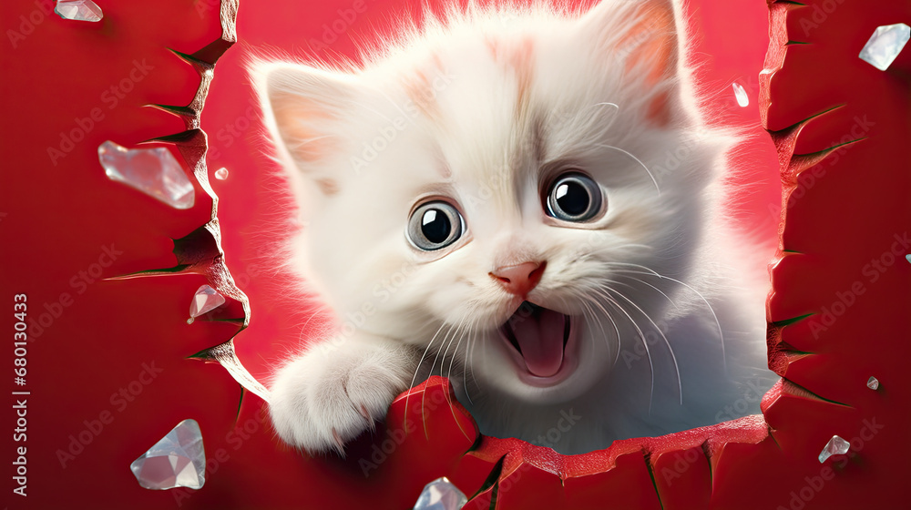 White kitten with santa hat peeking out through red hole in background, kitten with a gift box