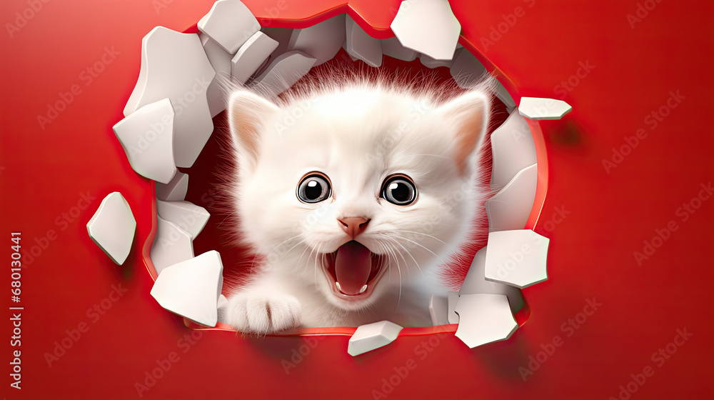 White kitten with santa hat peeking out through red hole in background, kitten with a gift box