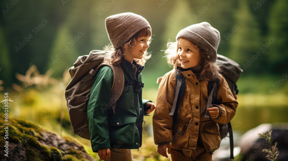 Two little childs outdoor adventures: Show the excitement of hiking, camping, or exploring nature during the summer months