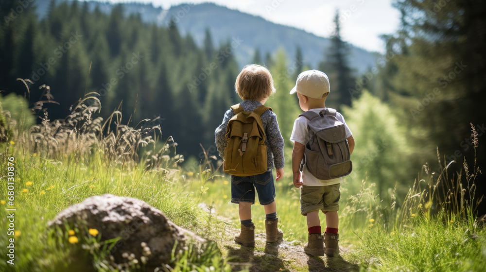 Two little childs outdoor adventures: Show the excitement of hiking, camping, or exploring nature during the summer months