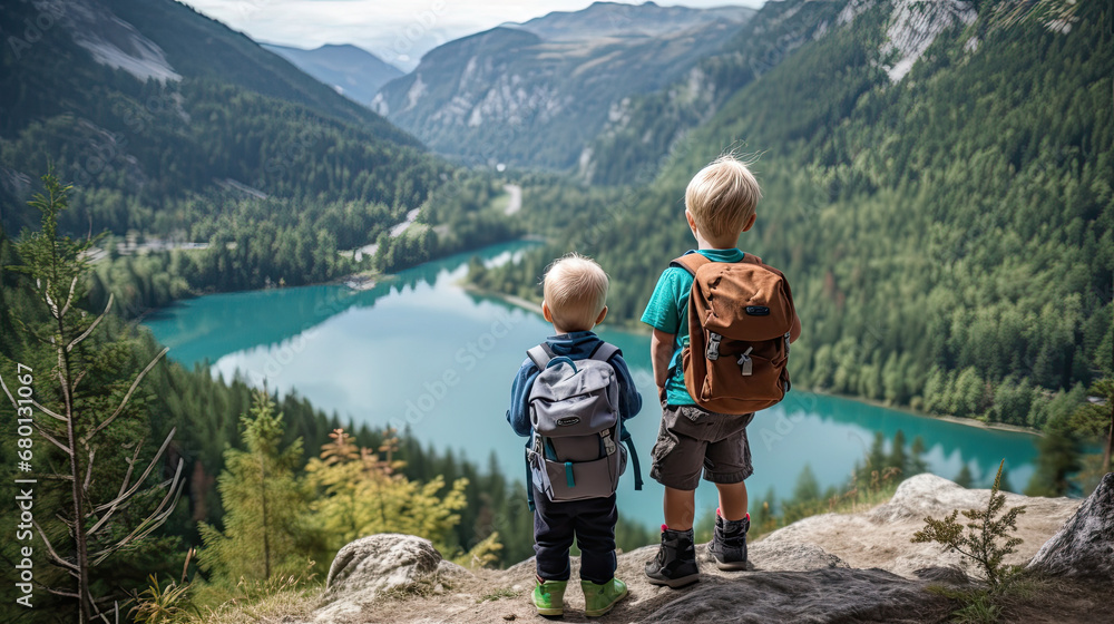 Two little childs outdoor adventures: Show the excitement of hiking, camping, or exploring nature during the summer months