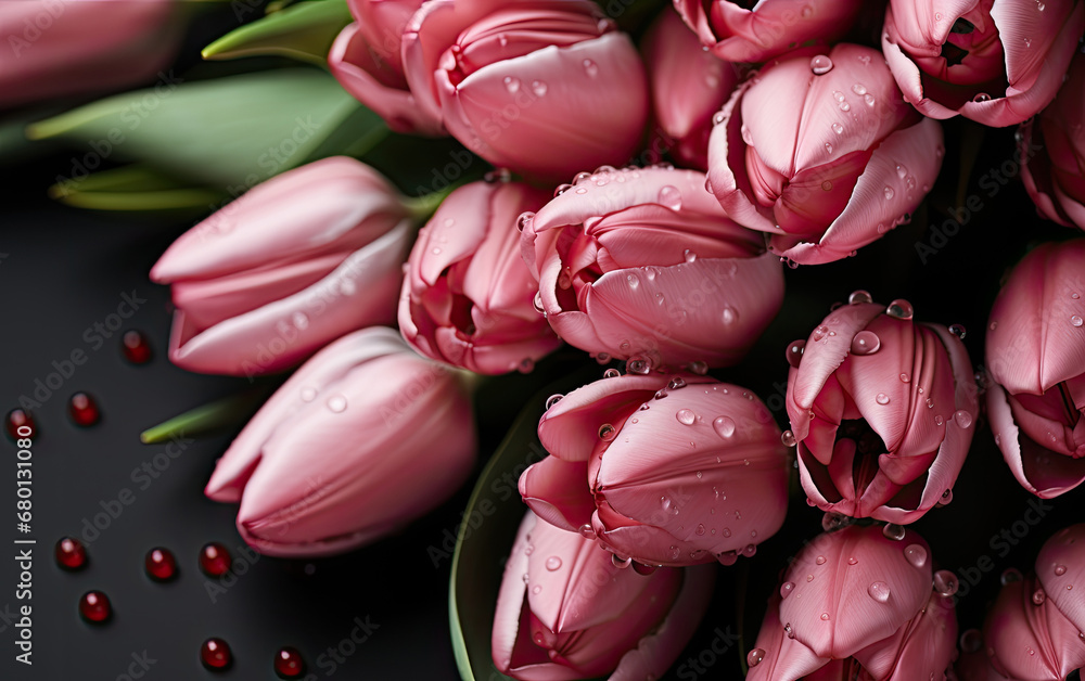 a bouquet pink tulips on black background