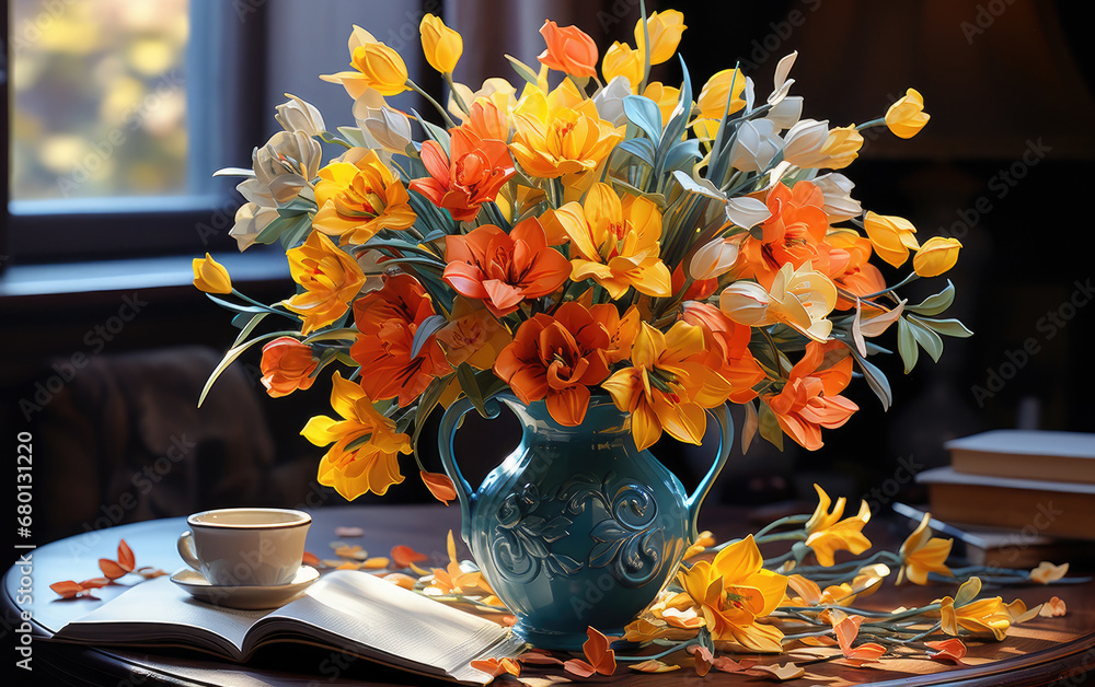 a bouquet of tulips on vase on black background