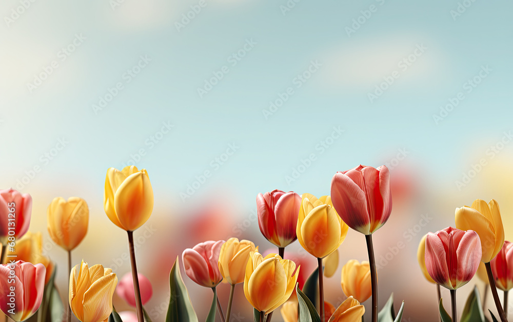 a flowers tulips  on a blue sky  background