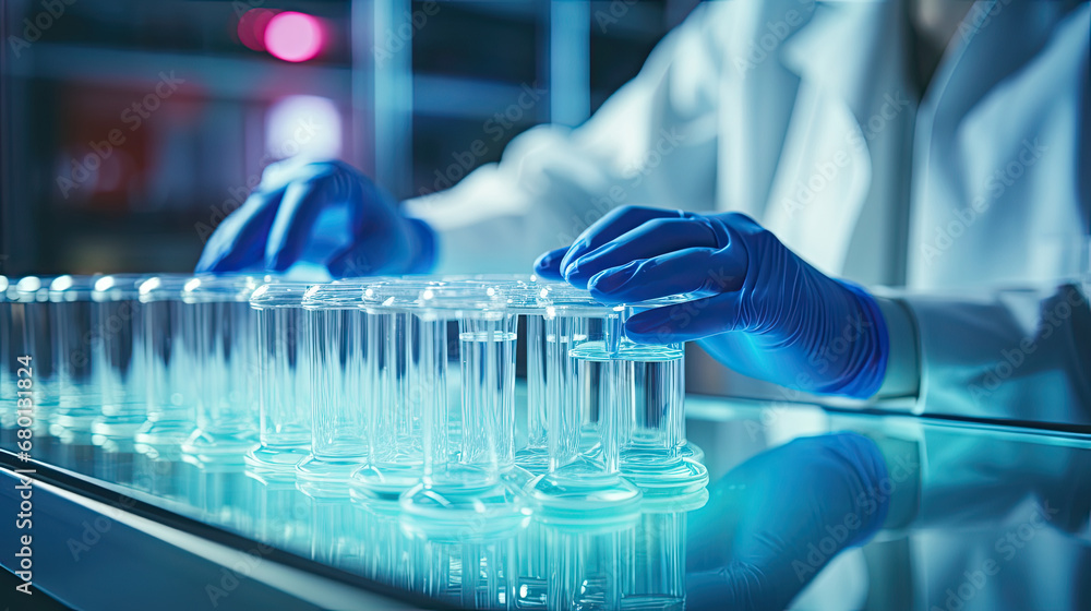 Scientist or medical in lab coat holding test tube with reagent, Laboratory glassware containing chemical liquid, Microscope, Biochemistry laboratory research.