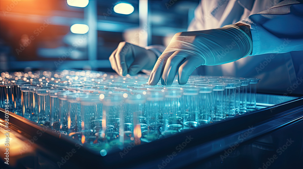 Scientist or medical in lab coat holding test tube with reagent, Laboratory glassware containing chemical liquid, Microscope, Biochemistry laboratory research.