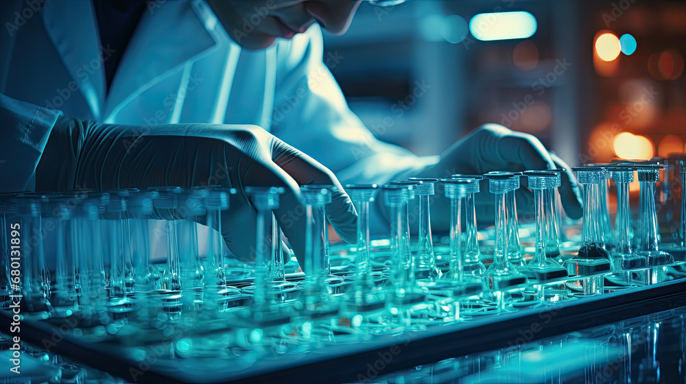 Scientist or medical in lab coat holding test tube with reagent, Laboratory glassware containing chemical liquid, Microscope, Biochemistry laboratory research.