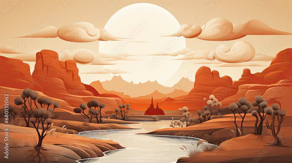 sunset over river on the mountains,forest and river, amazing clouds in the sky. Vector illustration.