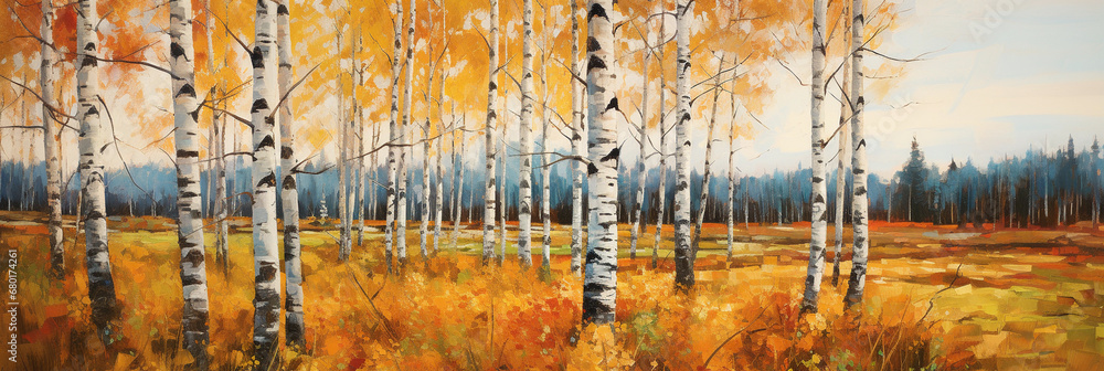 Horizontal autumn landscape with birch grove. Digital oil painting, printable wall art