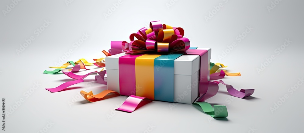 In his 3D design, the artist created an isolated white gift box with a ribbon, conveying a festive concept for a Christmas or birthday background, eliciting a happy, colorful shopping and gift card