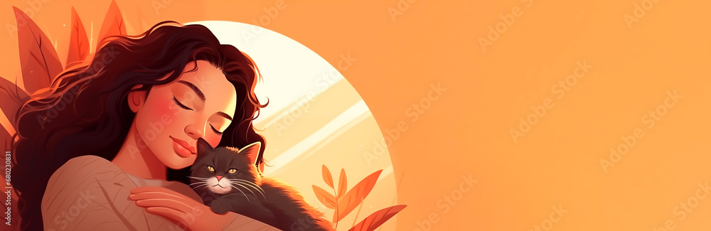 Sleeping girl with a cat, stylized image with elements of plants, dreams. A girl sleeps in the rays of the sun, dawn. The concept of comfort and healthy sleep. Empty place