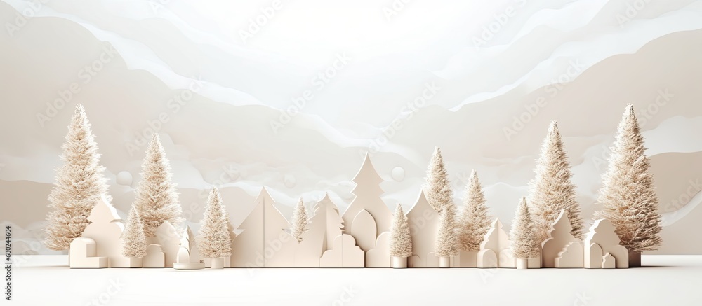 The vintage background design is adorned with a pattern of isolated Christmas trees, creating a stunning frame for the table. Set against a winter backdrop, this concept embodies the spirit of the new