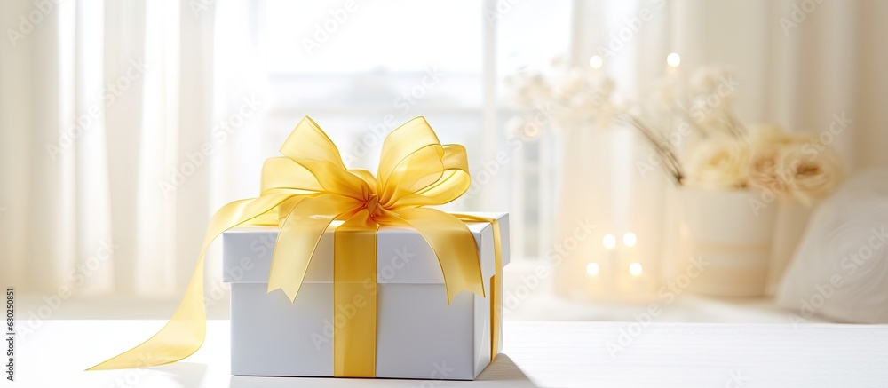 In a beautifully decorated white room with a faint glowing light, a ribbon-adorned gift box, isolated on a table, catches the eye with its vibrant yellow silk ribbon, adding a pop of color to the