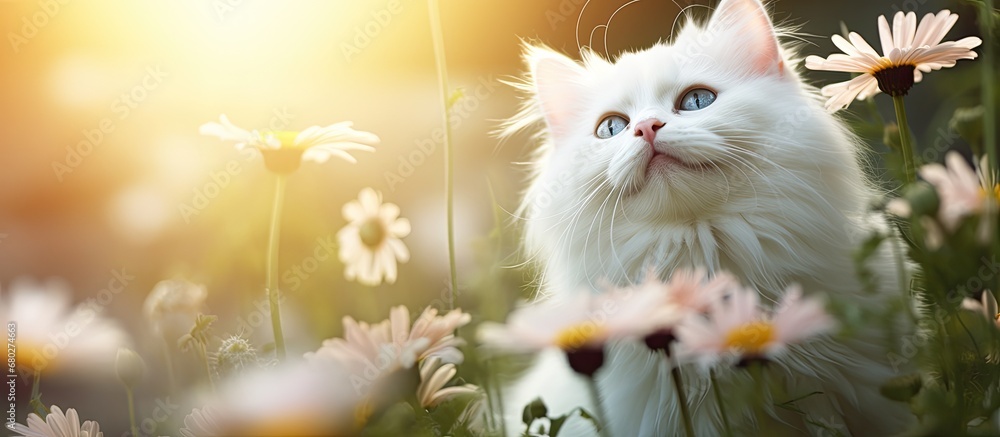 beautiful background of nature, a cute and funny white cat with a happy face is playing, making everyone laugh at its adorable and young antics. Its a pet with beautiful fur, reminding us of the joy