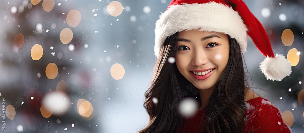 In a wintry Christmas scene, a beautiful young Asian woman smiles happily, donning a red Santa hat, as she poses for a portrait, radiating the joy of the holiday season and embracing the excitement of