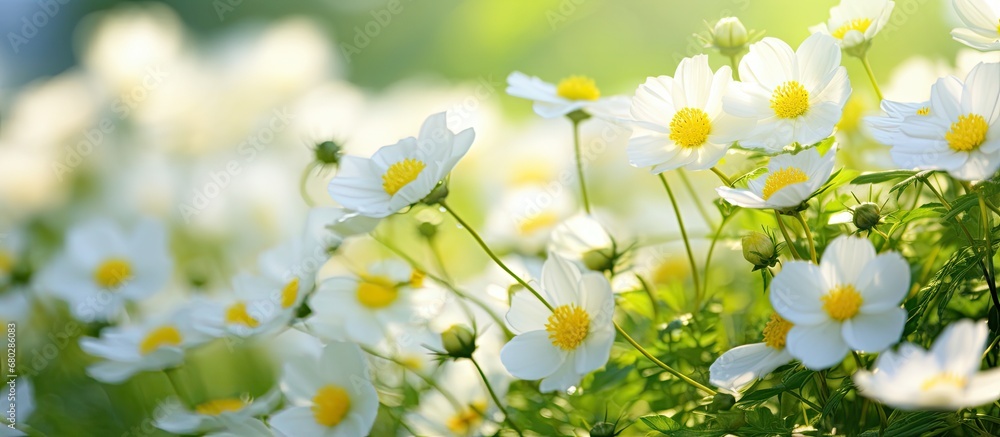 lush green garden, amidst a vibrant summer background, an array of yellow flowers bloomed, adding an ethereal touch to the natural beauty of the surroundings. The gentle sunlight illuminated their