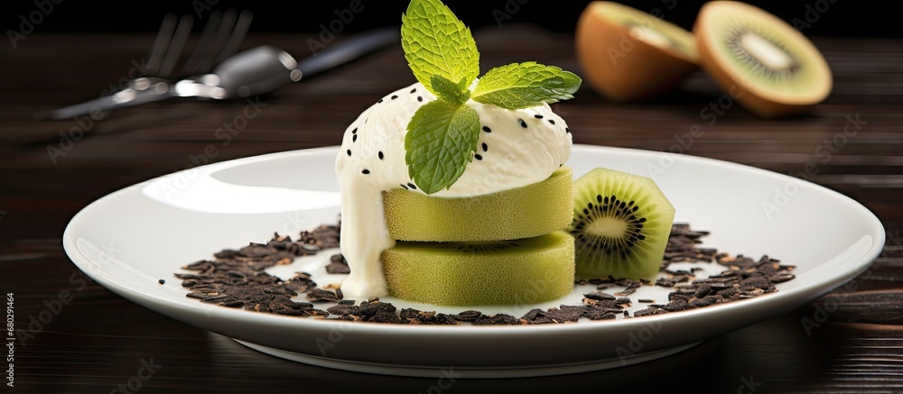 In a kitchen decorated with white tiles and silver appliances, a plate of vibrant green kiwi slices adorned with black seeds sat next to a scoop of creamy white ice cream a delicious concoction