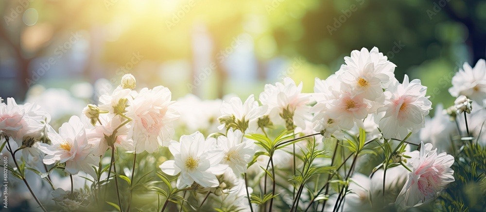 beautiful green garden, the summer sun cast its warm rays, creating a stunning backdrop of white flowers, their pink hues attracting the eye with an attractive blur of natures light and space.