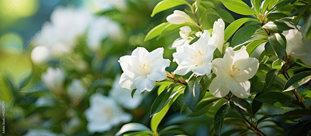 In the backdrop of a vibrant summer garden, immersed in the beauty of nature, a white floral blossom stands out among the green foliage, a symbol of the magnificent color and allure of flora.