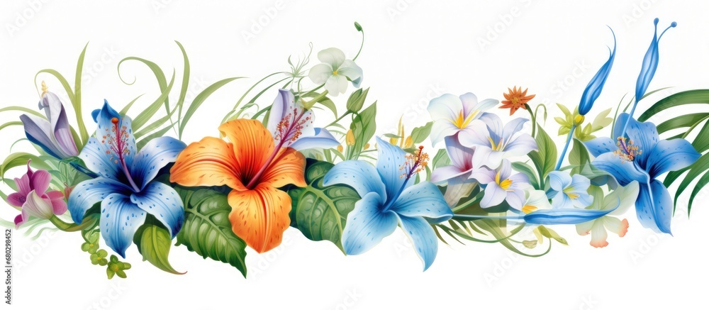 In a mesmerizing summer design, a beautiful flower, adorned with vibrant colors of white, green, black, and blue, is isolated on a white background, framed by delicate leaves. This tropical display of