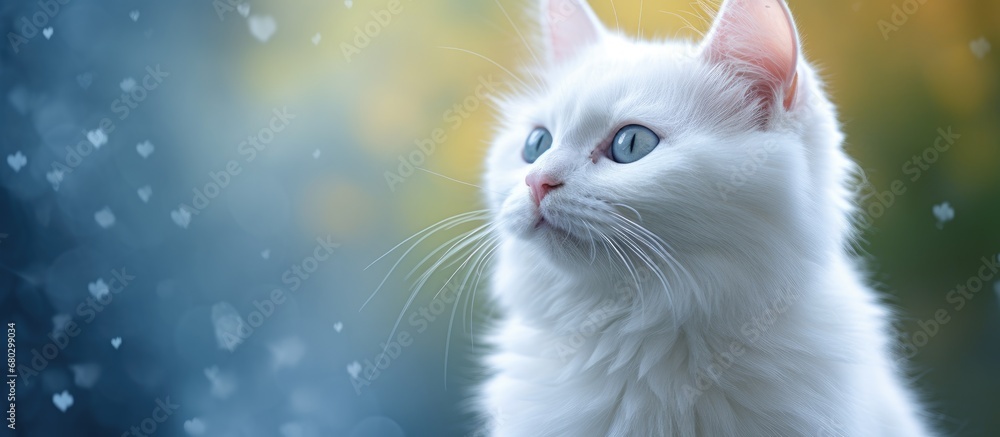 background of the beautiful nature, a cute white cat with captivating black eyes stares into the distance, its young and adorable demeanor making it a perfect portrait of a cute pet among other