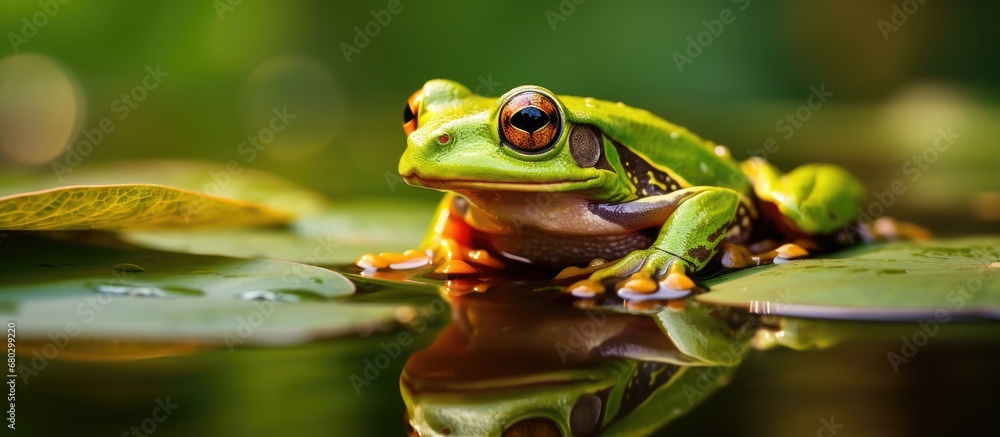 lush and vibrant natural environment of a pond, a cute and colorful frog caught the eye of a passerby, its stunning skin blending harmoniously with the background of nature. As an animal of the