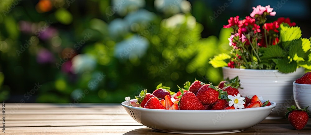 In the vibrant garden, among the green leaves and colorful flowers, a beautiful summer spread awaited on the wooden table - a white plate filled with healthy fruits, including succulent red