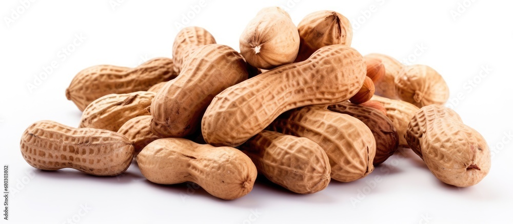 The closeup of the raw, brown peanuts showcased their natural texture, making them an appealing vegetarian snack with healthy nutrition as a key ingredient.