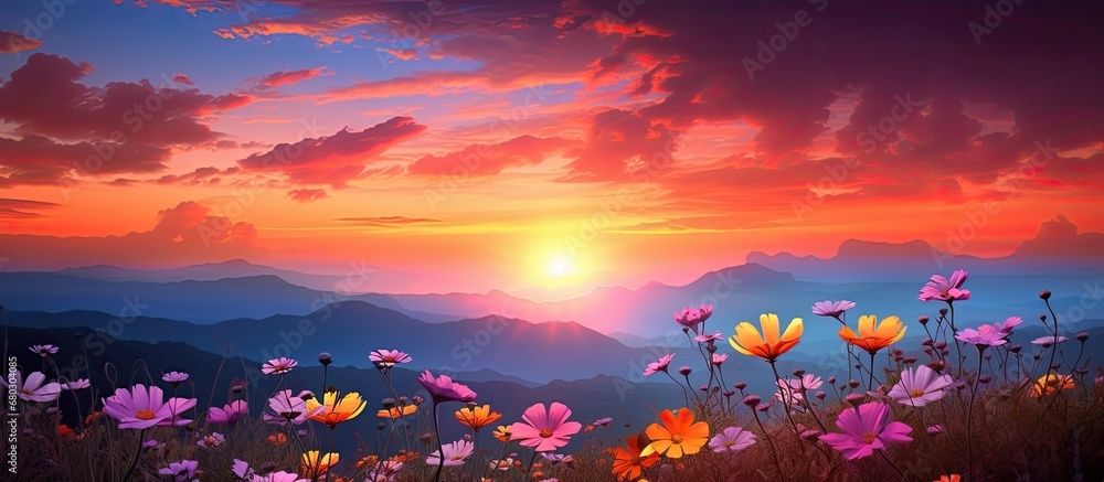 The beautiful summer sunset painted the sky in a breathtaking display of silhouettes, with a stunning backdrop of colorful flowers and a burgundy-hued plant against the light, creating a natural and